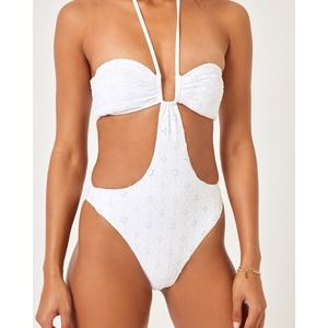 LSPACE Women's White Eyelet Marina One Piece Bitsy Swimsuit Size S NWT